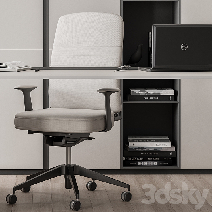 Boss Desk with Library Black and White Table – Office Furniture 285 3DS Max Model - thumbnail 2