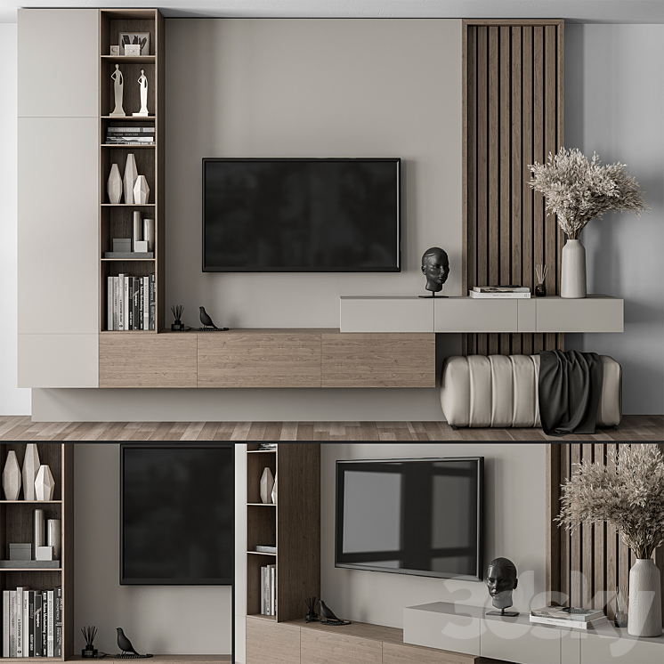 TV Wall Gray and Wood with Hallway Cabinet – Set 37 3DS Max Model - thumbnail 1