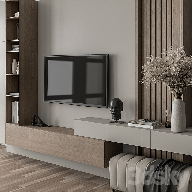 TV Wall Gray and Wood with Hallway Cabinet – Set 37 3DS Max Model - thumbnail 2