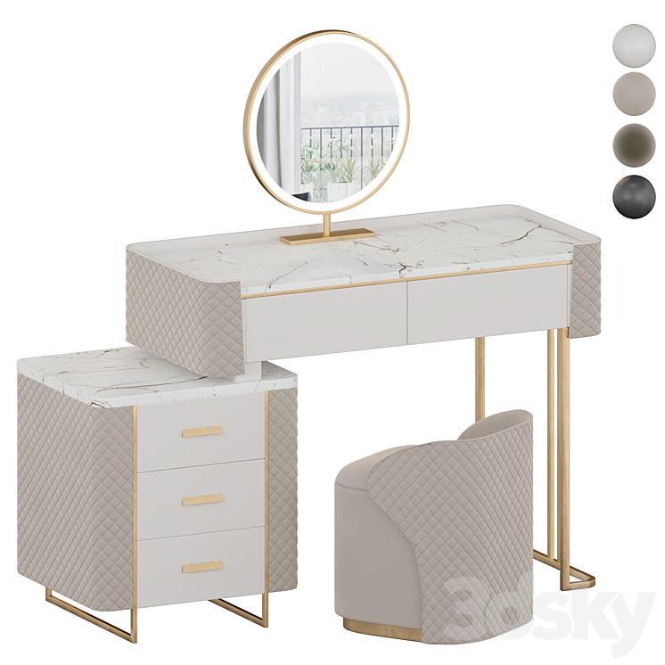 Luxury Makeup Vanity Set with LED Lighted Mirror Side Cabinet and 5 Drawers Modern Sintered Stone Dressing Table with Stool for Bedroom 3D Model