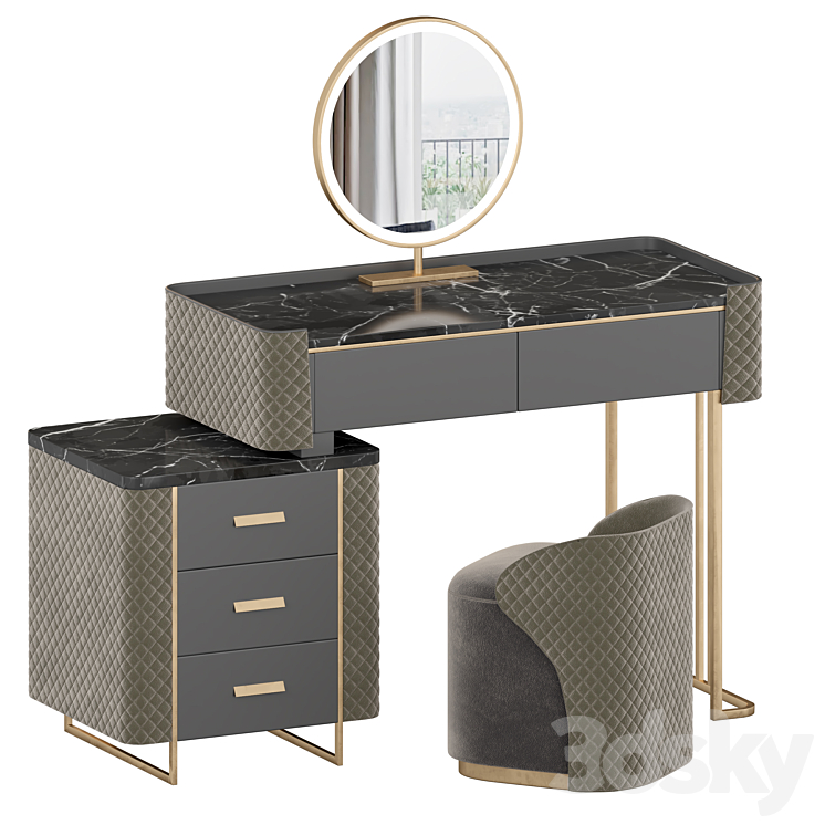 Luxury Makeup Vanity Set with LED Lighted Mirror Side Cabinet and 5 Drawers Modern Sintered Stone Dressing Table with Stool for Bedroom 3DS Max Model - thumbnail 2