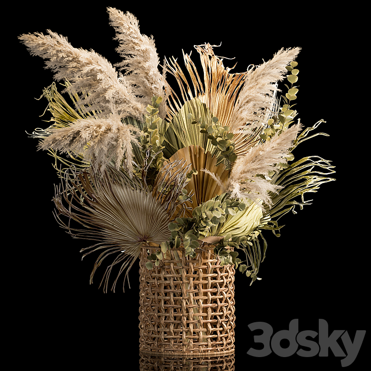 Installation bouquet pampas grass in a wicker basket of twigs dry leaves dried flower. 239. 3DS Max - thumbnail 1
