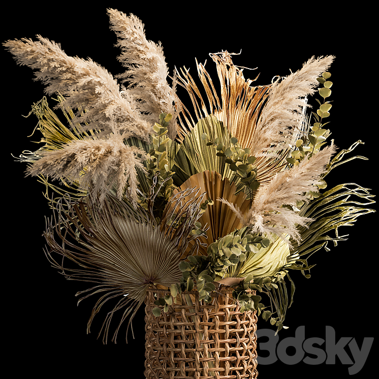 Installation bouquet pampas grass in a wicker basket of twigs dry leaves dried flower. 239. 3DS Max - thumbnail 2