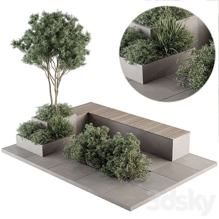 Urban Furniture / Architecture Bench with Garden Plants- Set 35 3D Model