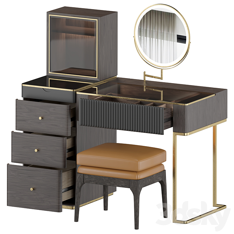 Wood Makeup Vanity Table Set with LED 3D Model