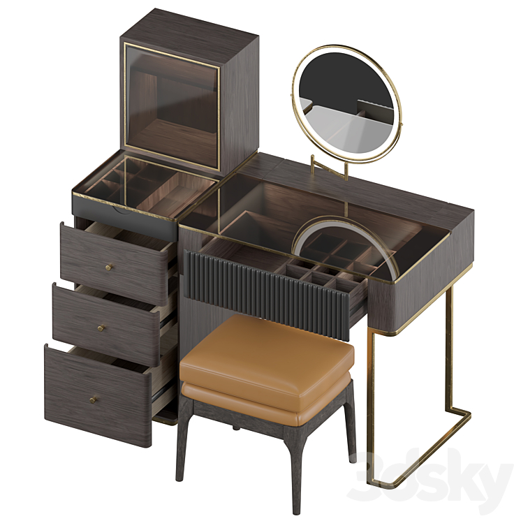 Wood Makeup Vanity Table Set with LED 3DS Max - thumbnail 2