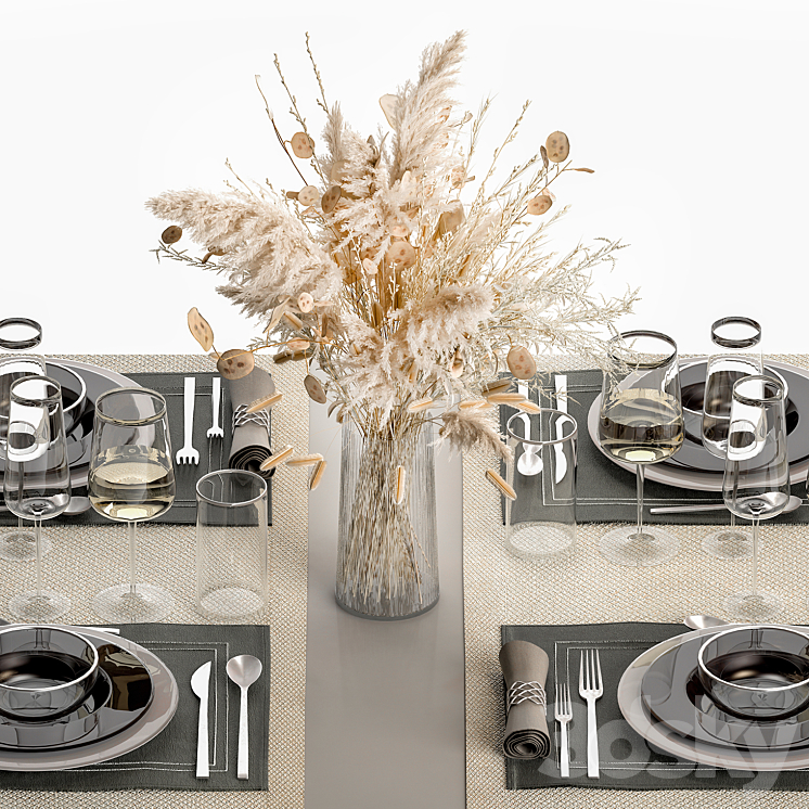 Table setting for 4 persons with a bouquet of flowers dried flower pampas grass ZARA HOME. 14. 3D Model Free