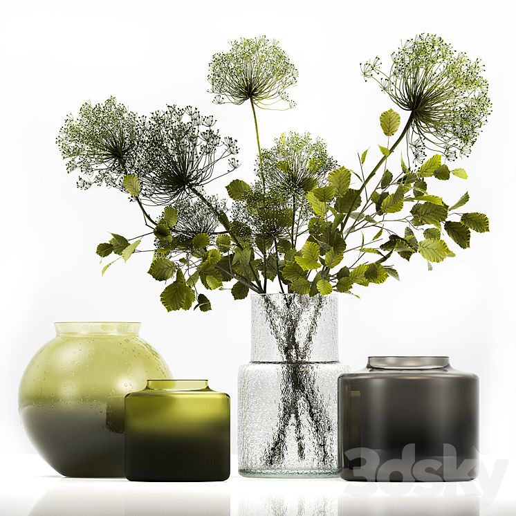 Spring bouquet of green flowers in a glass vase ikea ikea with hogweed branches leaves. 250 3DS Max - thumbnail 1