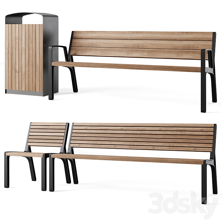 Miela park benches with litter bin Prax by mmcite 3D Model