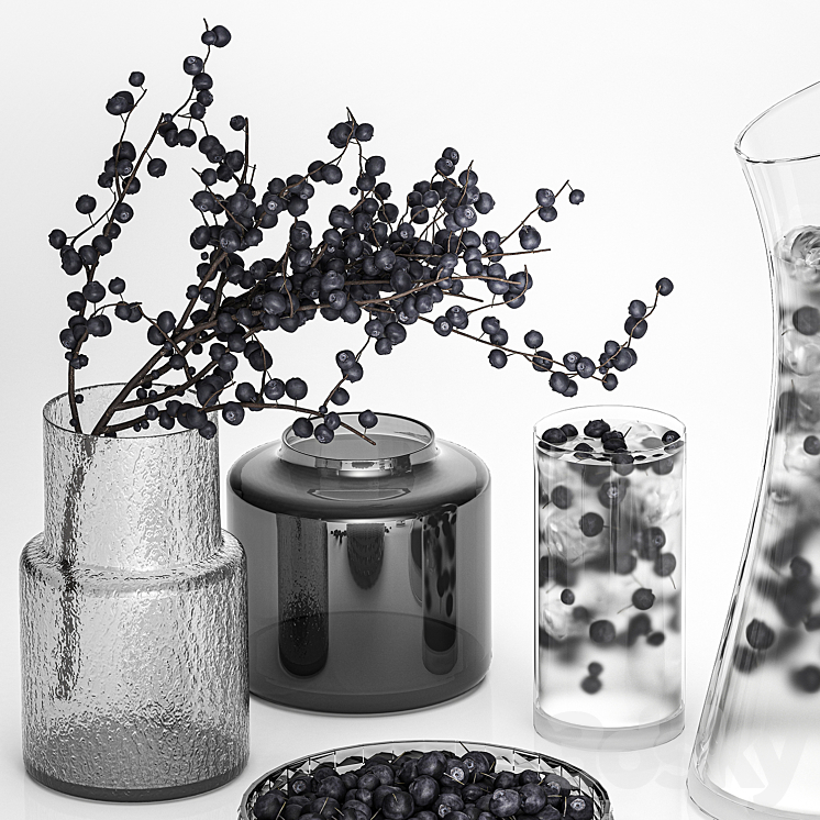 blueberry lemonade. Decanter glass cocktail blueberries vase branches ice drink table decoration 3DS Max - thumbnail 2