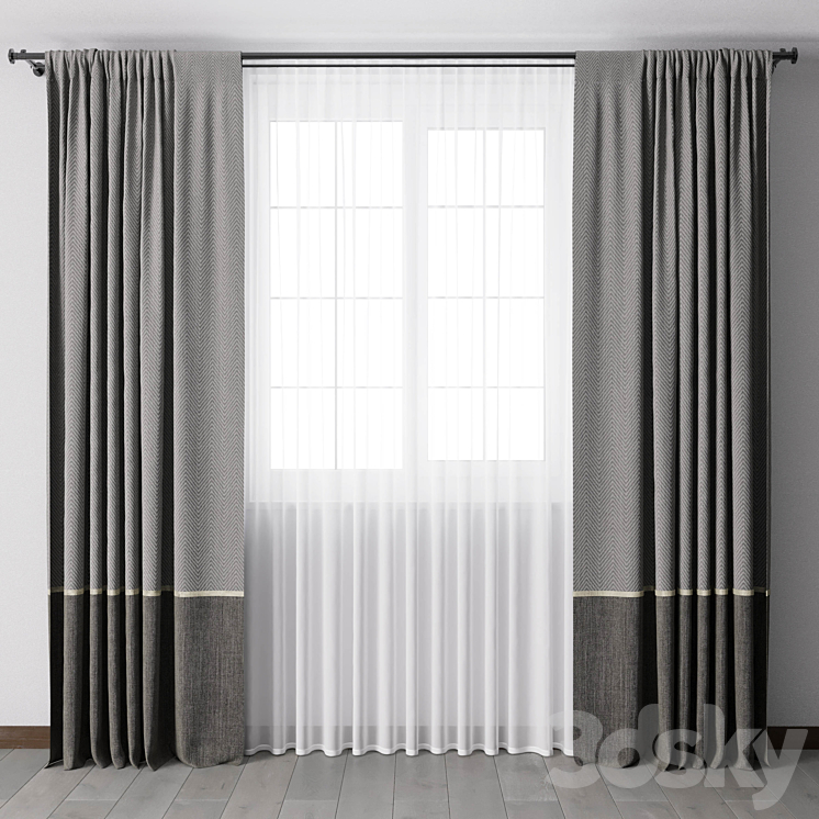 Curtains with metal curtain rod 08 3DS Max Model - thumbnail 1
