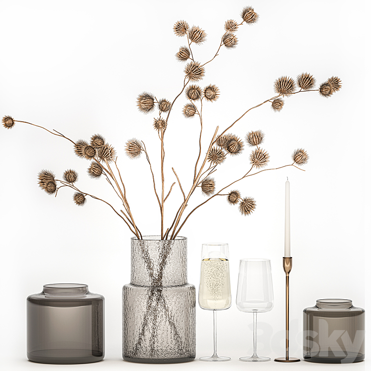 Bouquet of dried flowers from thorn branches burdock with a vase and a glass of sparkling wine. 253 3DS Max Model - thumbnail 1