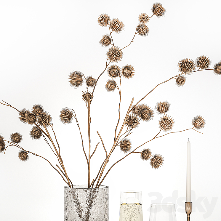 Bouquet of dried flowers from thorn branches burdock with a vase and a glass of sparkling wine. 253 3DS Max Model - thumbnail 2