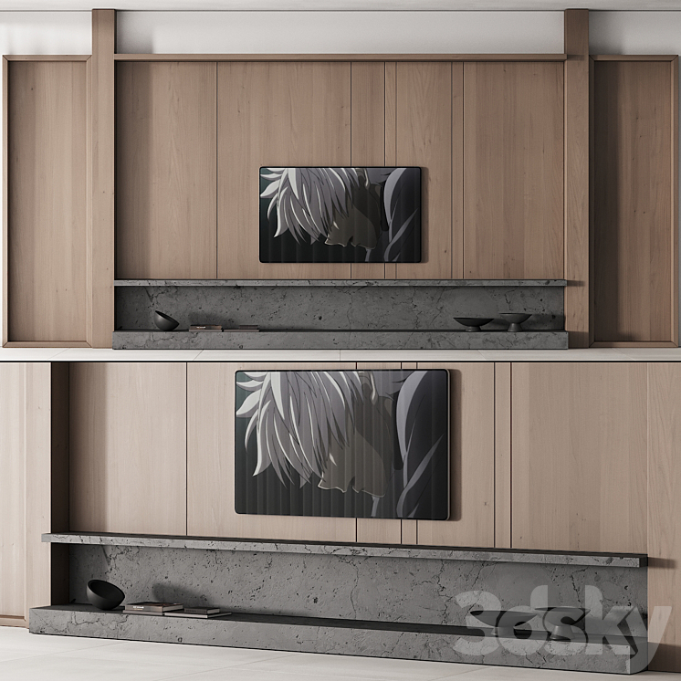 149 tv wall kit 01 modern japandi oak wood 01 3DS Max Model - thumbnail 1
