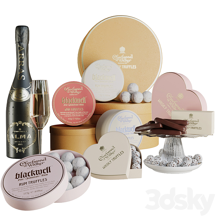 Gift set with sweets and desserts and a glass of wine 3D Model