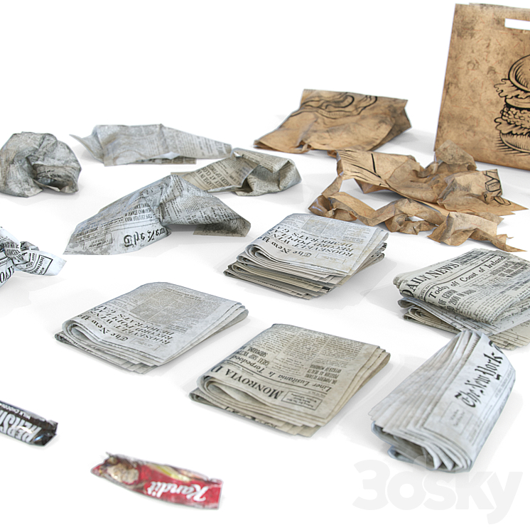 Newspaper wrappers and bag 3D Model