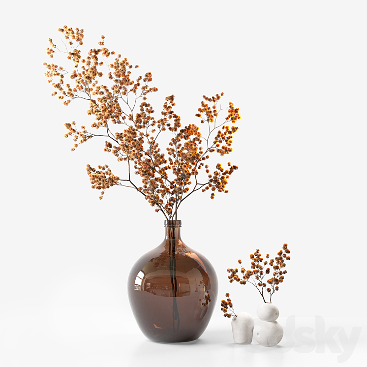 Dried flower branch in a large brown jar 3D Model