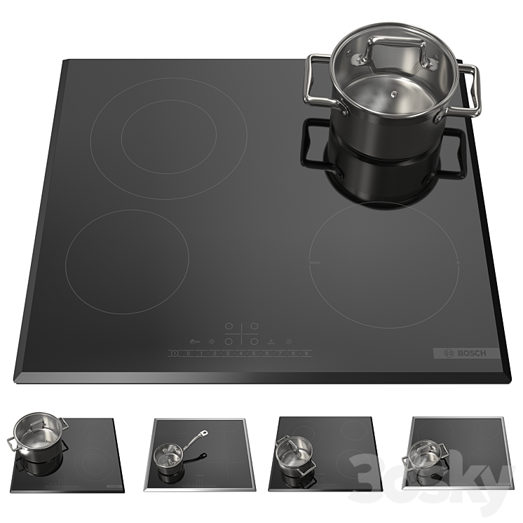 Set of Bosch hobs with cookware 002 3DS Max Model - thumbnail 1