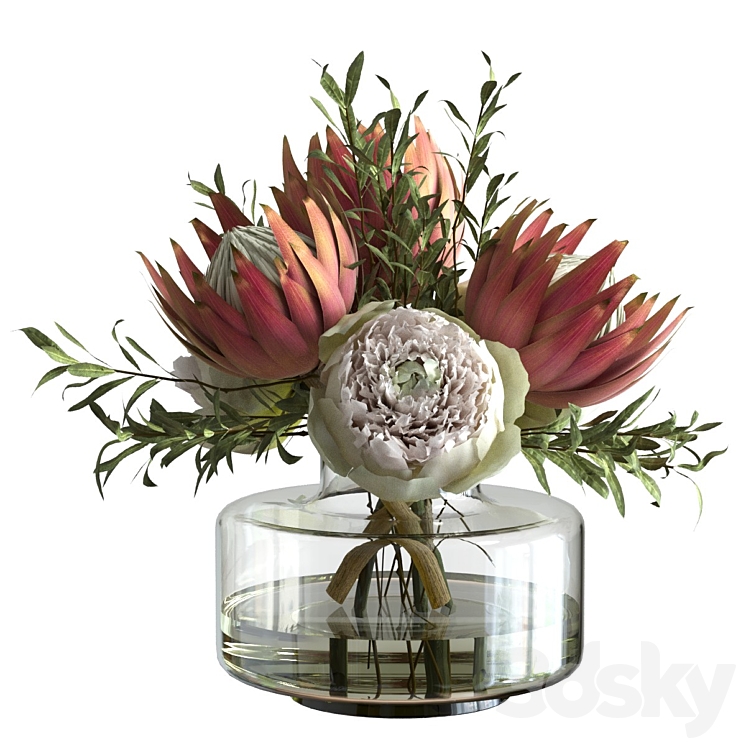 Bouquet with peonies and proteas 3D Model