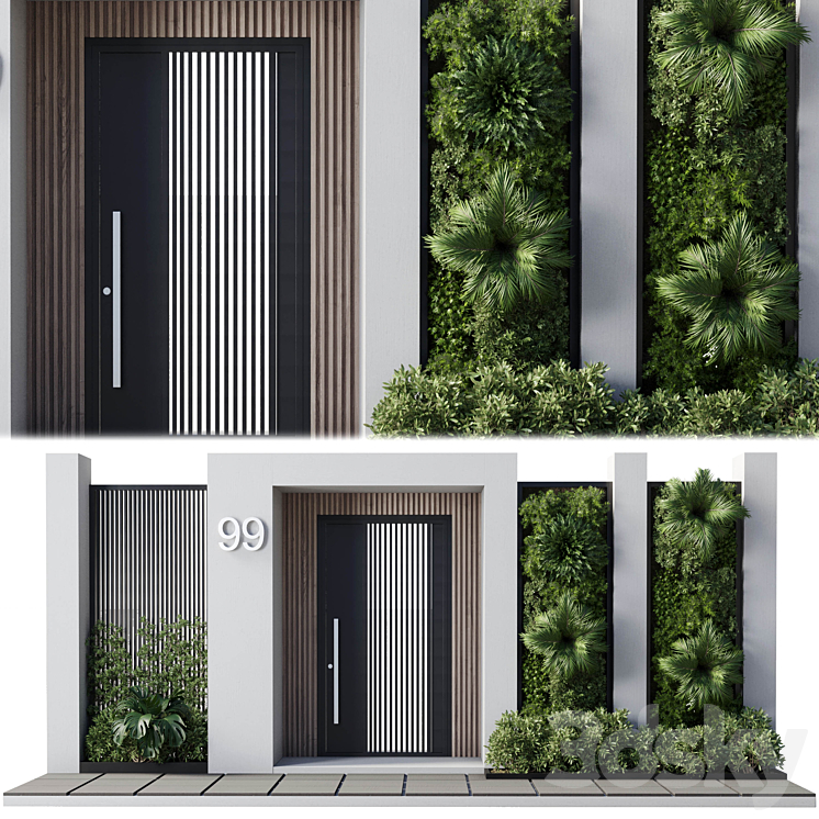 Door outdoor entrance and fence and graden 04 3D Model