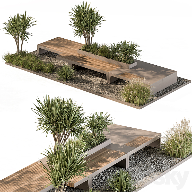 Urban Furniture Bench with Plants Set 42 3D Model