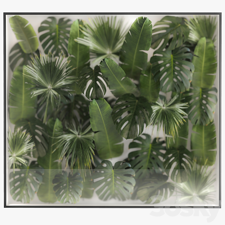 Phytowall and phytobox made of banana palm branches and fan palm leaves in a niche behind a translucent stack. Bouquet 287. 3D Model