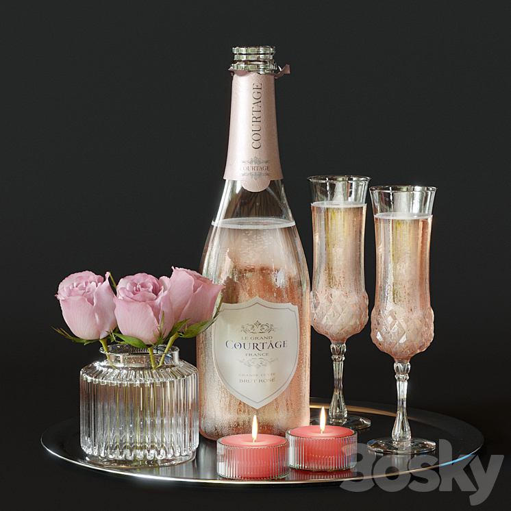 Champagne with roses 3D Model