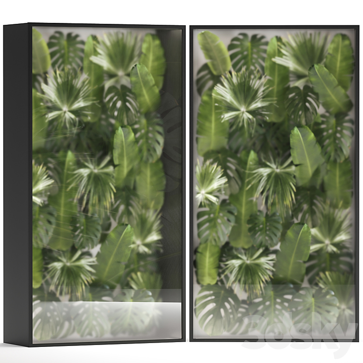 Phytowall and phytobox made of banana palm branches and fan palm leaves in a niche behind a translucent stack. 70. 3D Model