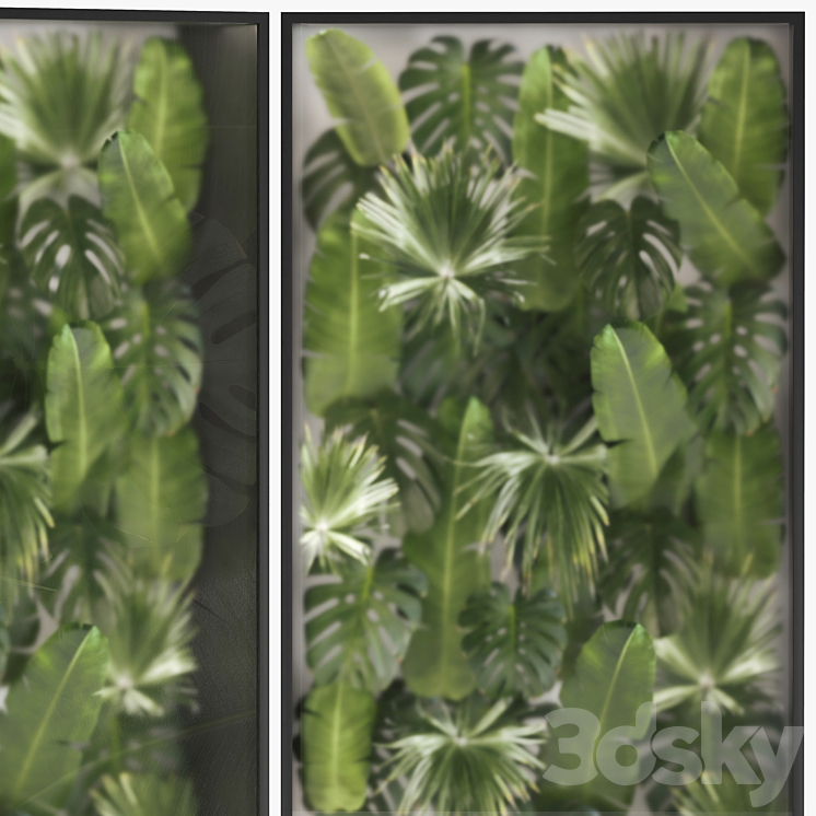 Phytowall and phytobox made of banana palm branches and fan palm leaves in a niche behind a translucent stack. 70. 3D Model Free
