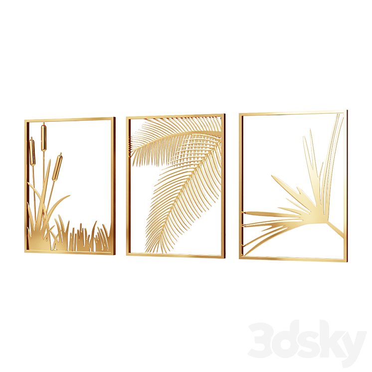 Wall Picture 3 Pieces Modern Gold Metal Wall Decor Plant Art with Rectangle Frame Wall Decor 3DS Max - thumbnail 1