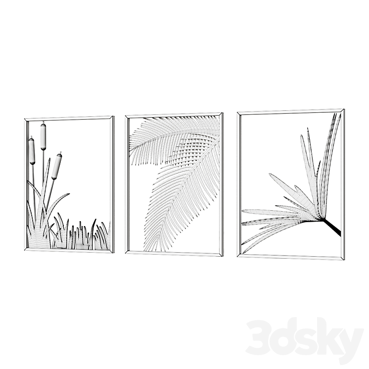 Wall Picture 3 Pieces Modern Gold Metal Wall Decor Plant Art with Rectangle Frame Wall Decor 3DS Max - thumbnail 2