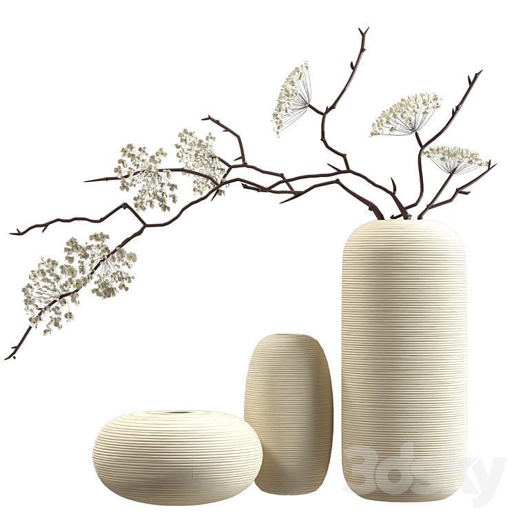 Bouquet of flowering branches in ceramic vases 3D Model
