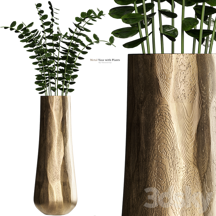 Metal Antiqued Brass Vase with Plant 3D Model