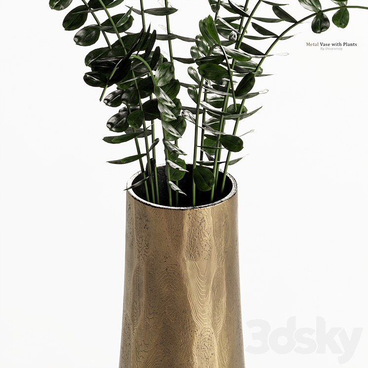 Metal Antiqued Brass Vase with Plant 3D Model Free