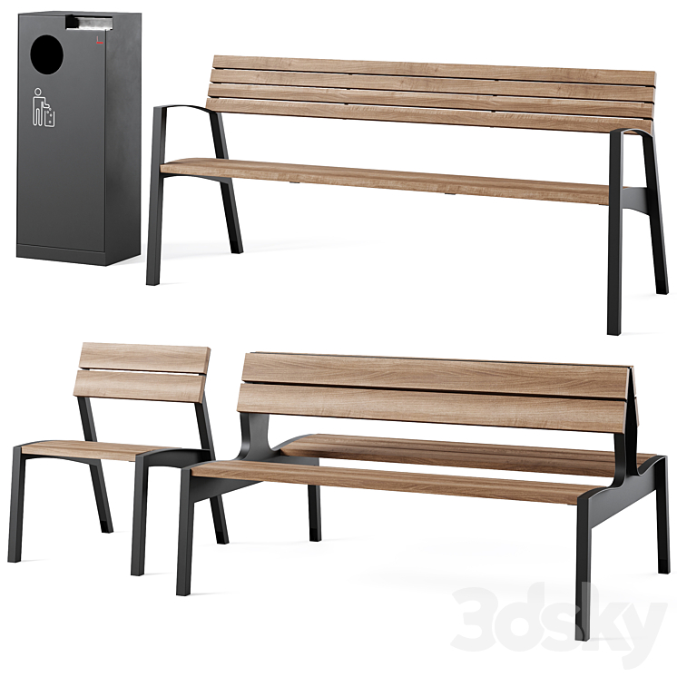 Vera Park Benches with litter bin Crystal by mmcite 3D Model