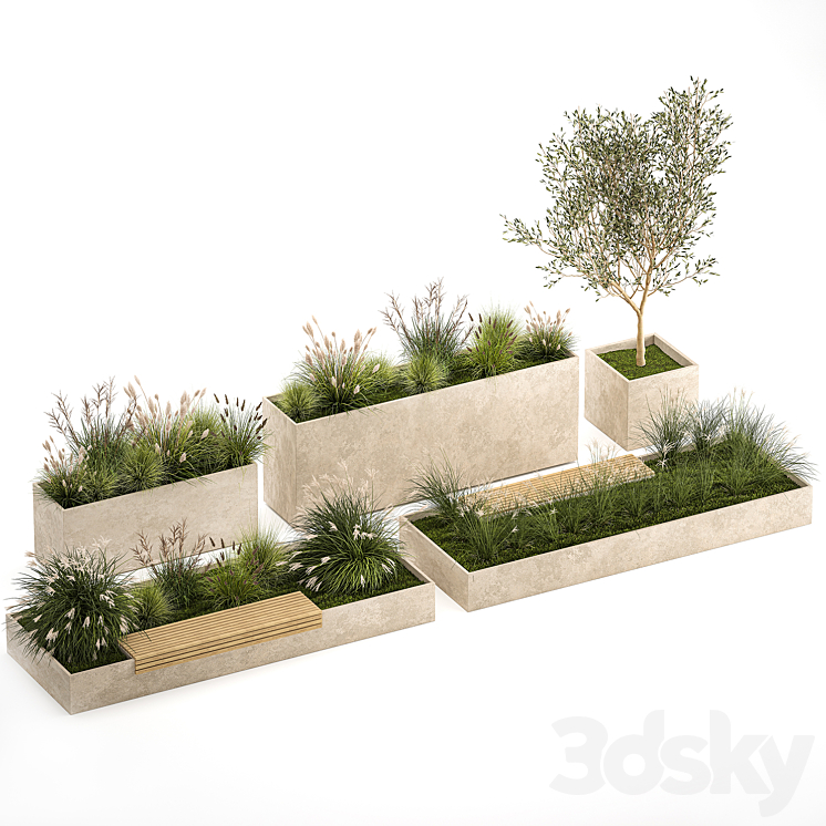 Collection of plants for the urban environment with a flower bed a bench and concrete outdoor flowerpots bushes and grass Miscanthus olive tree garden. 1141. 3DS Max - thumbnail 2