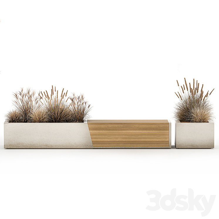 Bench flowerbed for the urban environment in a concrete flowerpot with bushes of reeds and dried flowers dry grass. 1142. 3DS Max - thumbnail 2