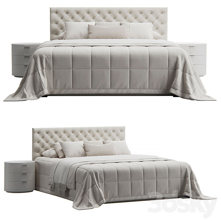 Tufted Beige Headboard Bed 3DS Max - thumbnail 2