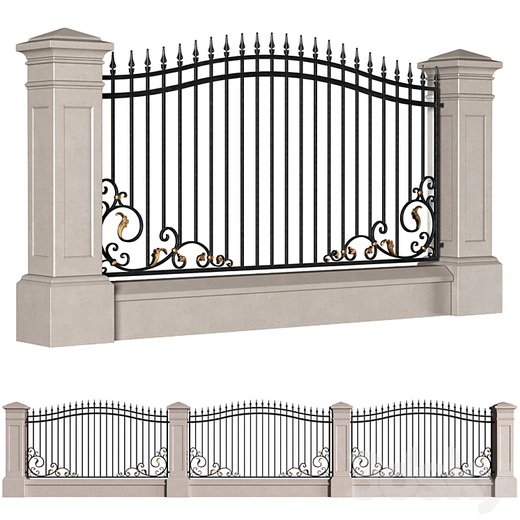 Classic style fence with wrought iron railing.Entrance Driveway Iron Gates 3D Model
