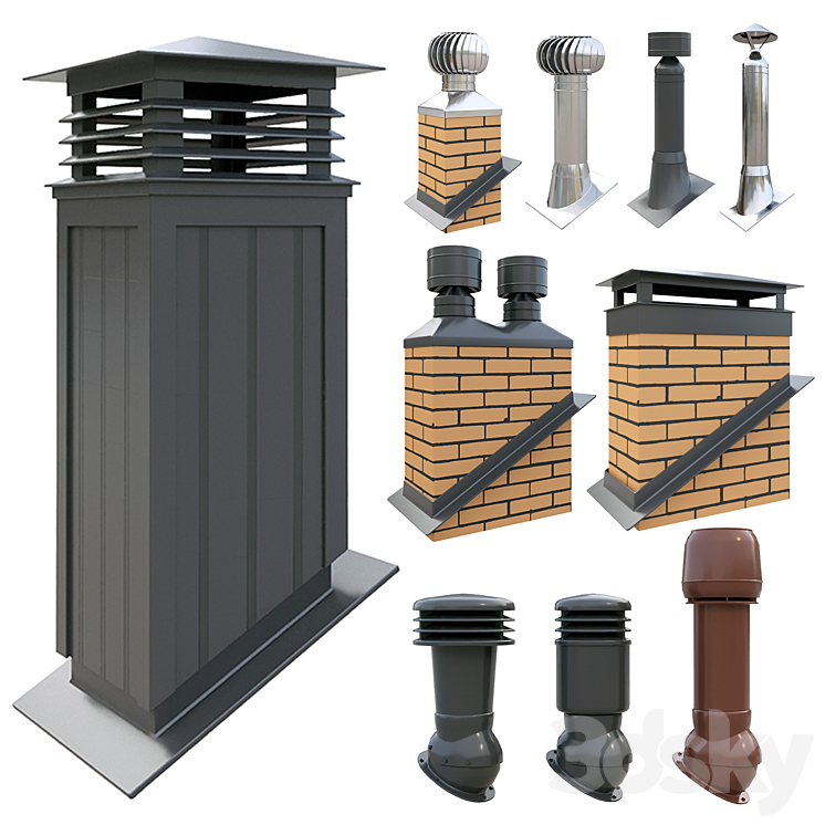 Ventilation pipes and chimneys on the roof 3D Model