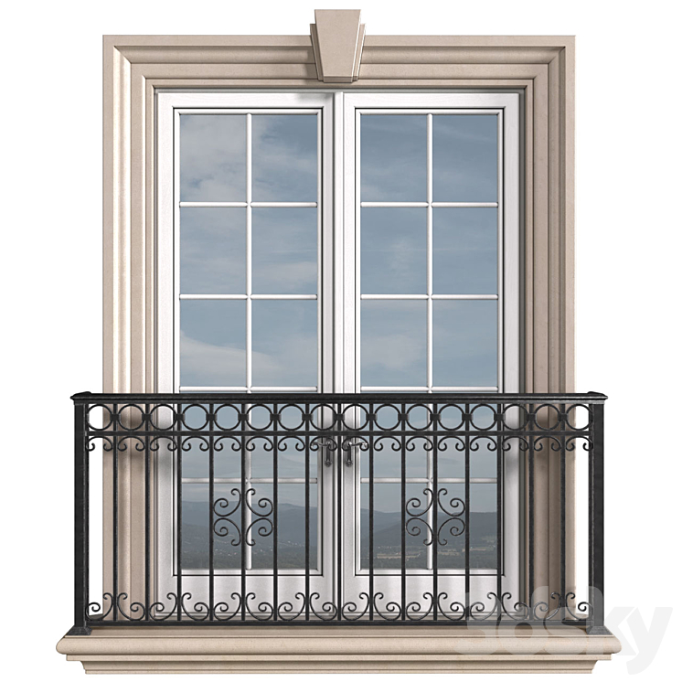 Classical front window with a French balcony.Classical Forged Fence. frame window 3D Model