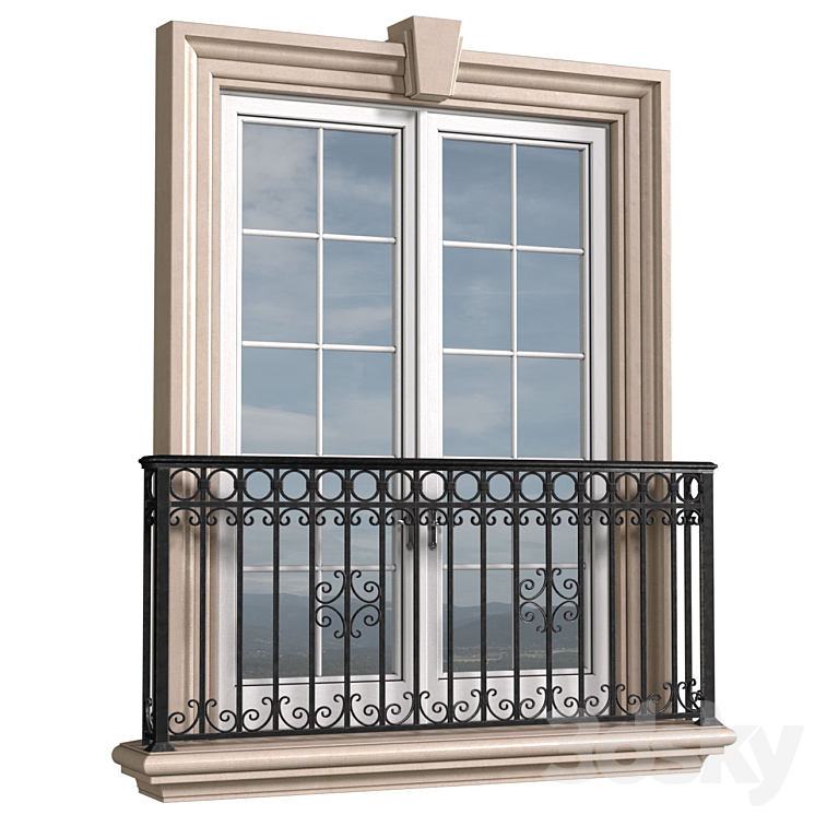 Classical front window with a French balcony.Classical Forged Fence. frame window 3D Model Free