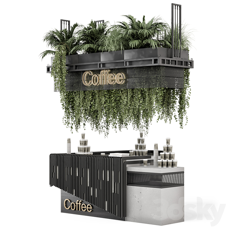 Coffee Reception Desk With Plants - Restaurant Set 1317 3D Model Free
