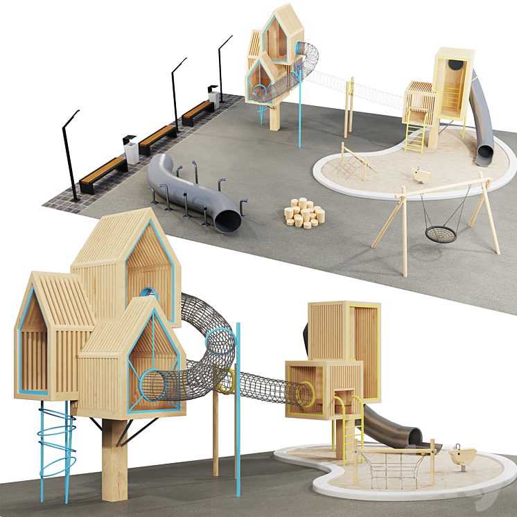 modern wooden playground 3D Model