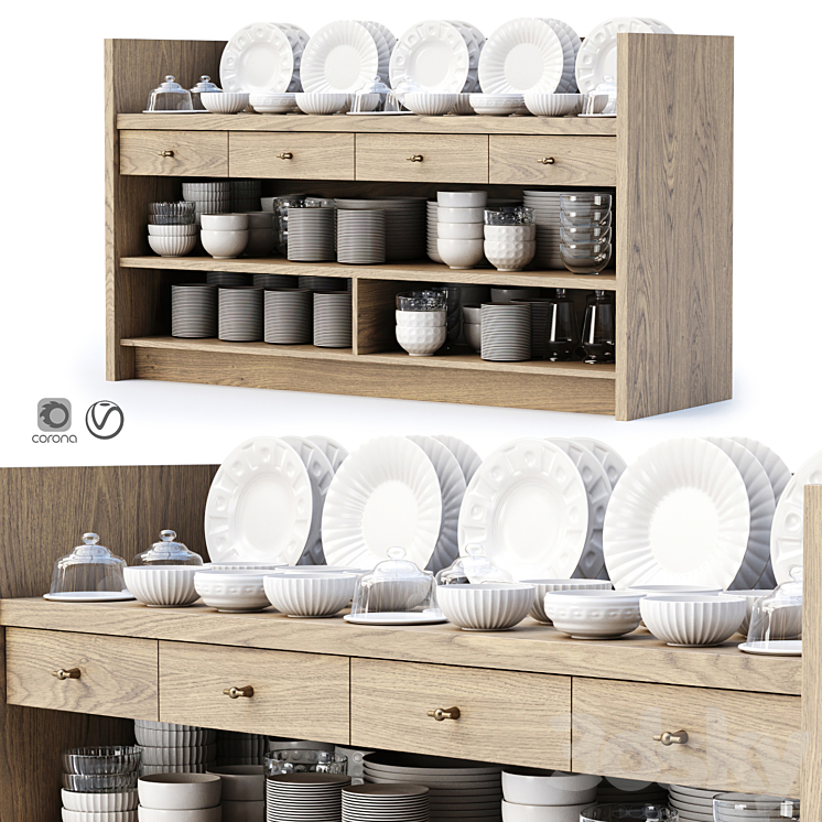 Mira restaurant with dishes V2 / Wooden sideboard with dishes