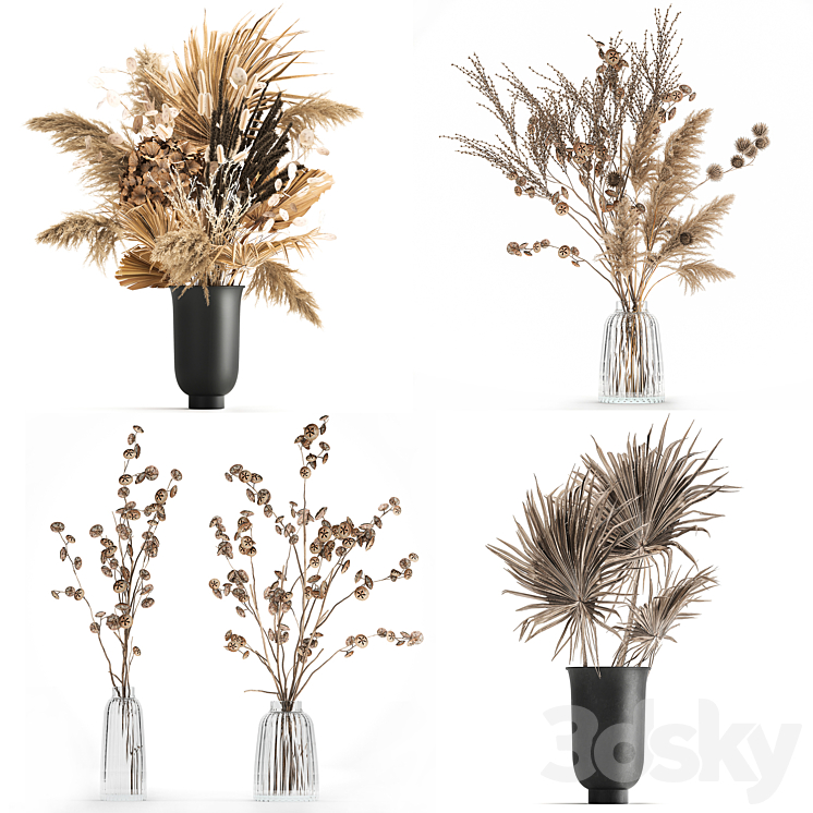 A set of flower bouquets in vases of dried flowers palm branch pampas grass reed grass hydrangea thorns. 283 3D Model