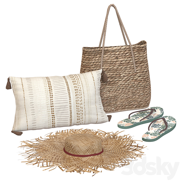 Boho style beach accessory set with hat and slippers 3D Model