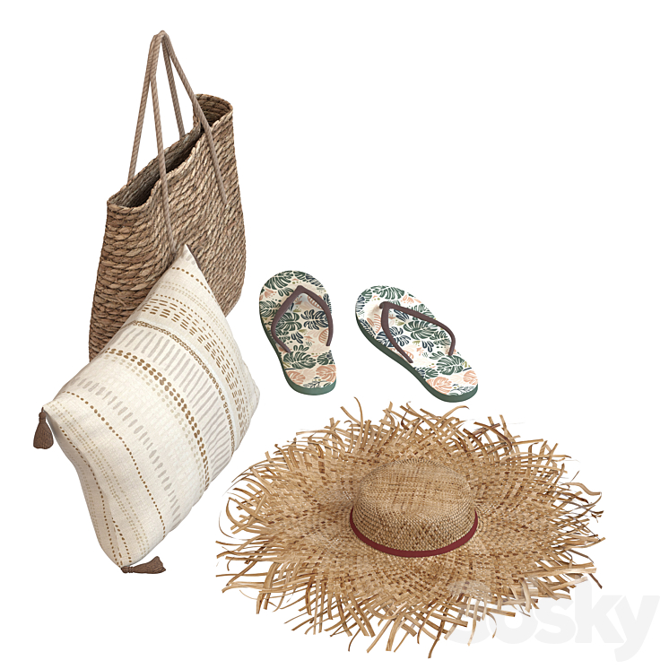 Boho style beach accessory set with hat and slippers 3DS Max Model - thumbnail 2