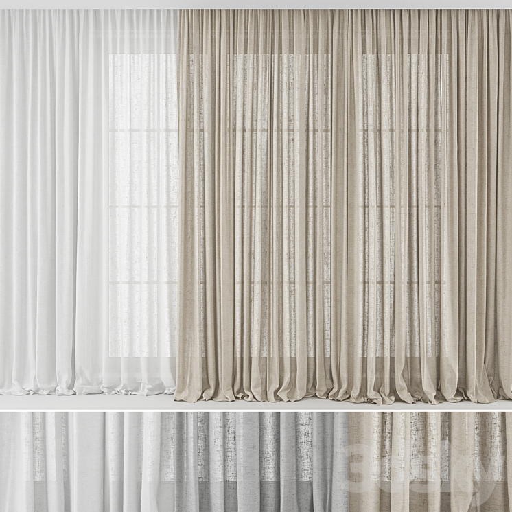 Curtains Long Linen set 02 3D Model