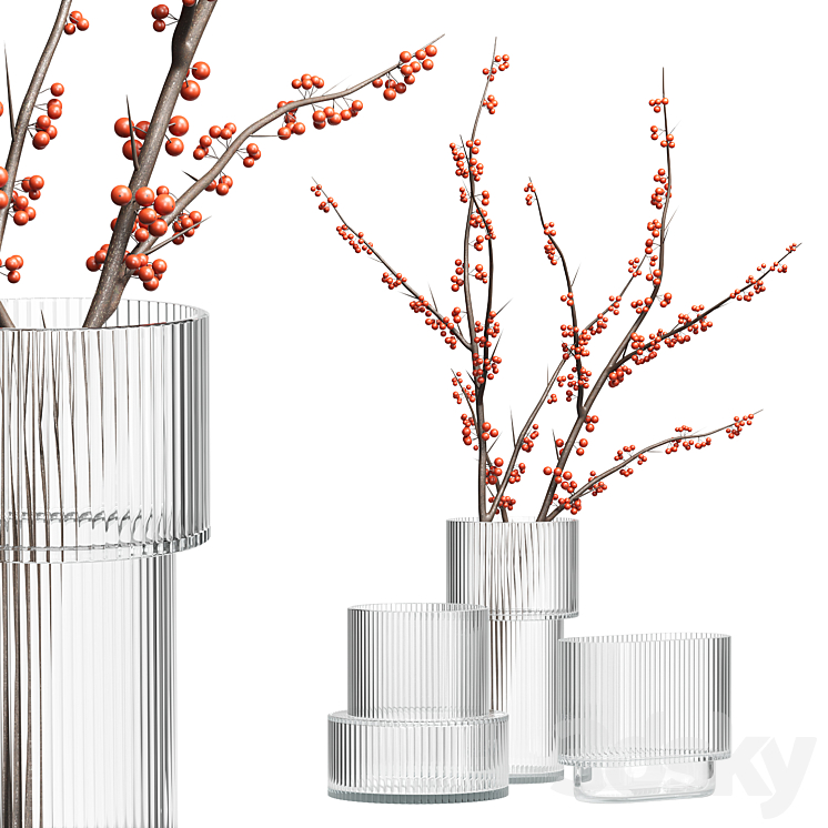 H&M Glass Vases with red berry branch 3DS Max Model - thumbnail 1